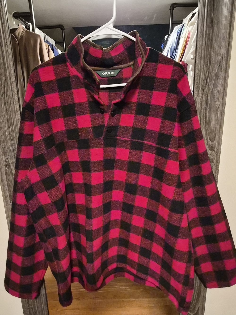 Orvis Mens Red and Black Checked Zip-Up Sweater